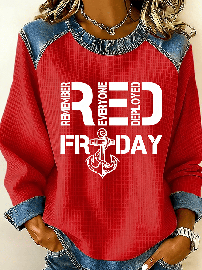 Women's Casual Red Friday Print Patchwork Sweatshirt