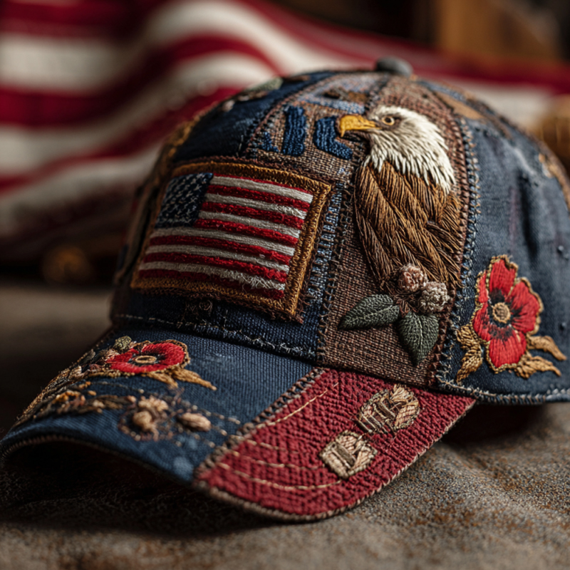 Retro Veteran Flag Poppy Print Hat