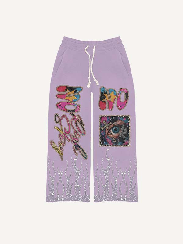 Eye&Cross&Letter&Graphic Faux Rhinestones Print Elastic Waist Pants