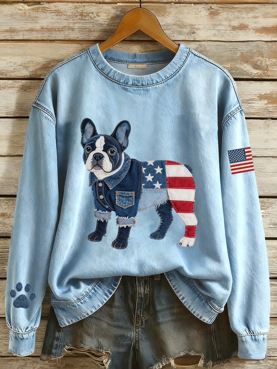 Women's Flag Inspired French Bulldog Denim Patchwork Pattern Sweatshirt