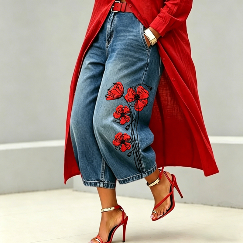 Women's Memorial Day Poppy Art Print Casual Jeans