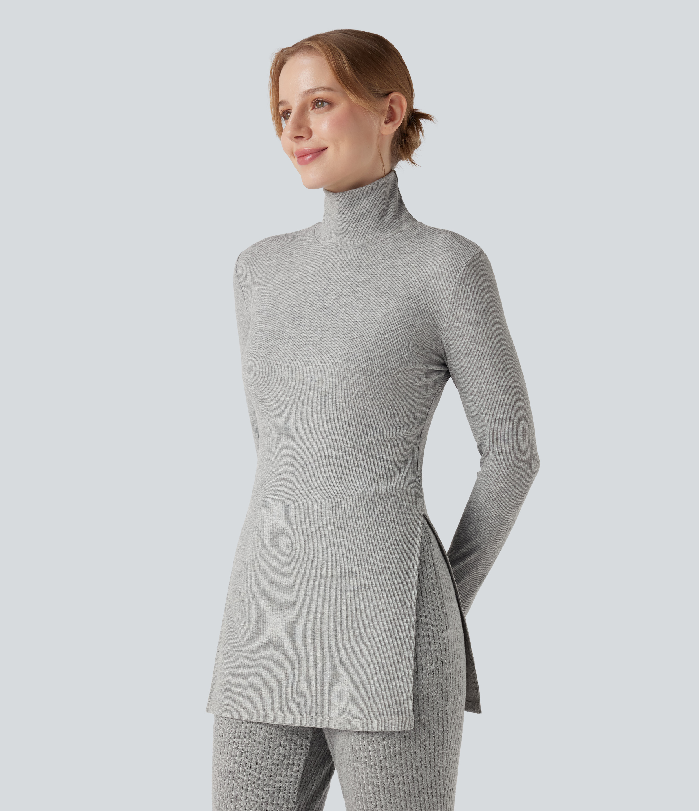 Ribbed Knit High Neck Long Sleeve Casual T-Shirt