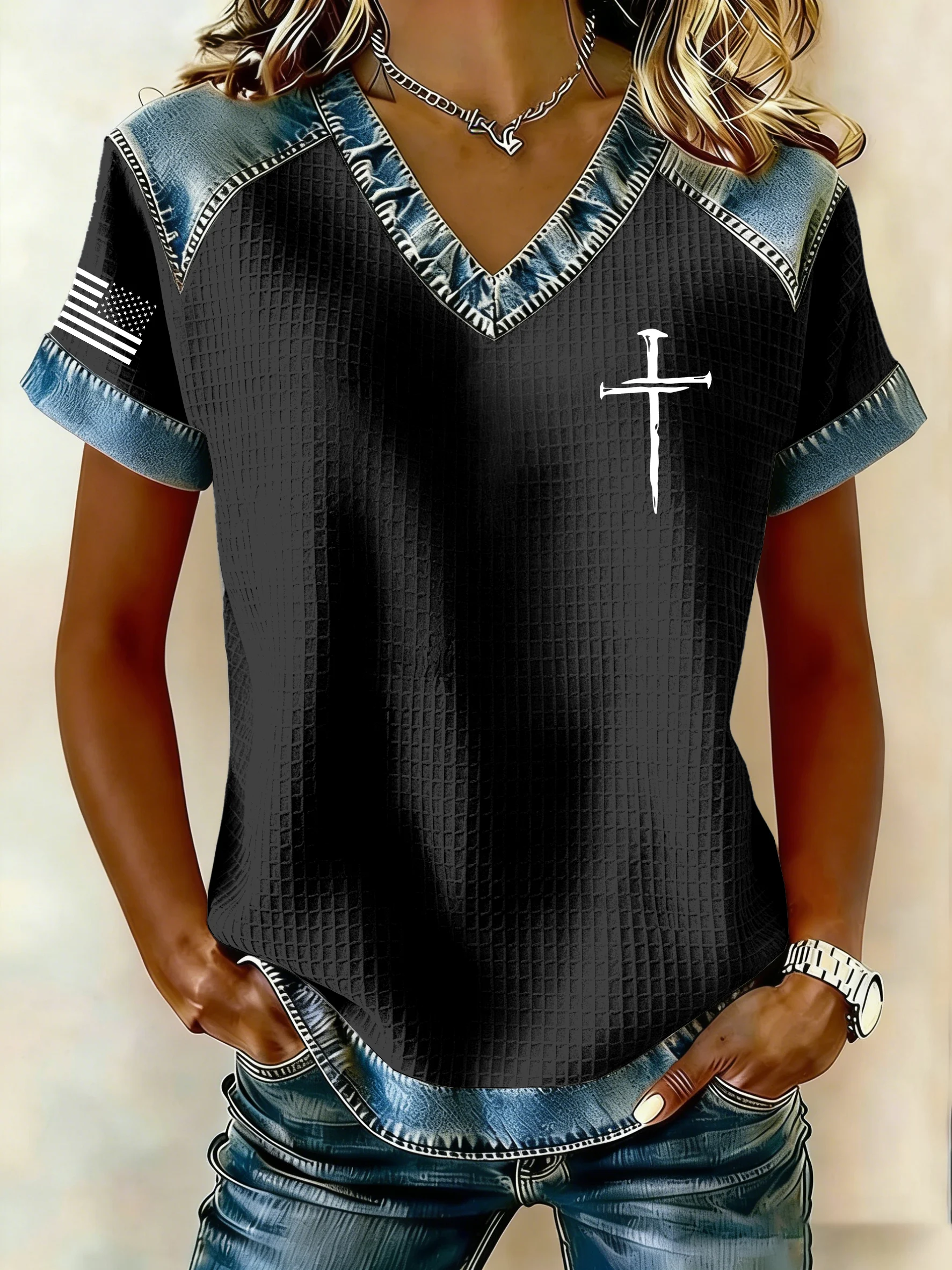 Women's Retro Faith Print Casual Waffle Knit Short-Sleeved T-Shirt-Fast Shipping