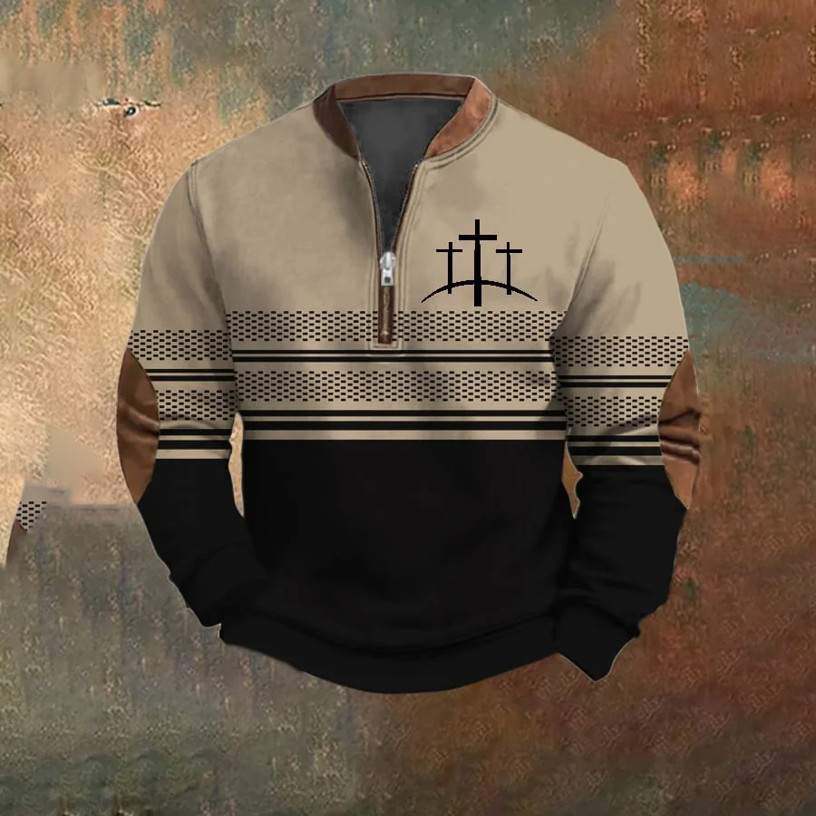 Men's Retro Faith Casual Printed Zip Collar Sweatshirt