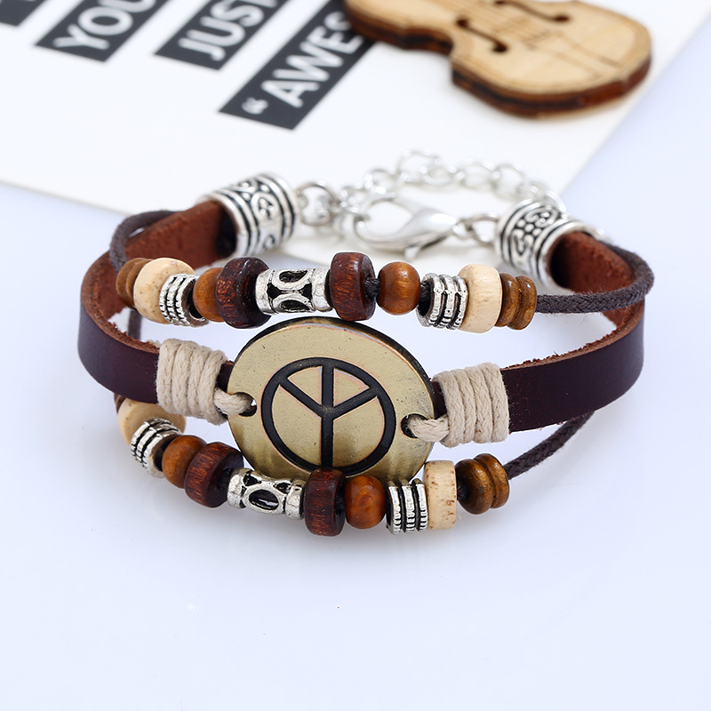 Handmade Beaded Cowhide Bracelet Alloy Peace Bracelet