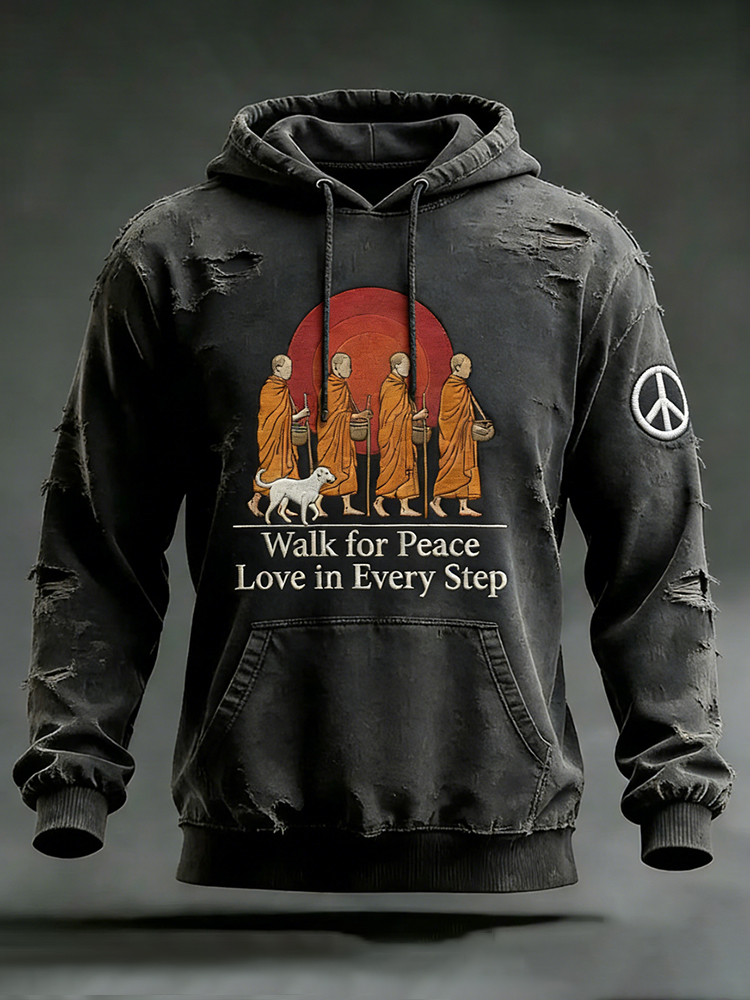 Walk For Peace Love In Every Step Artistic Print Distressed Hoodie