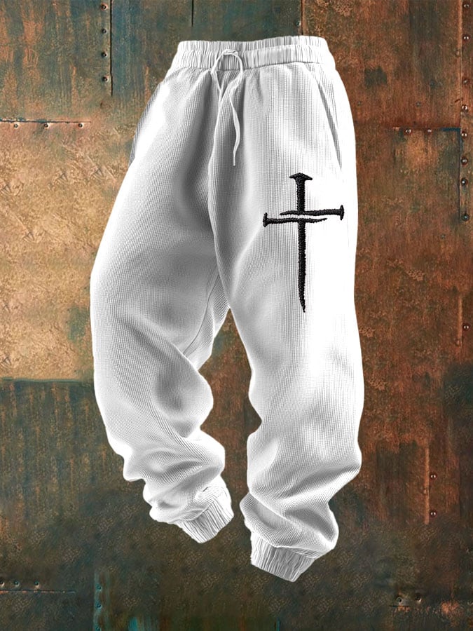Men's Cross Print Textured Casual Loose Sweatpants