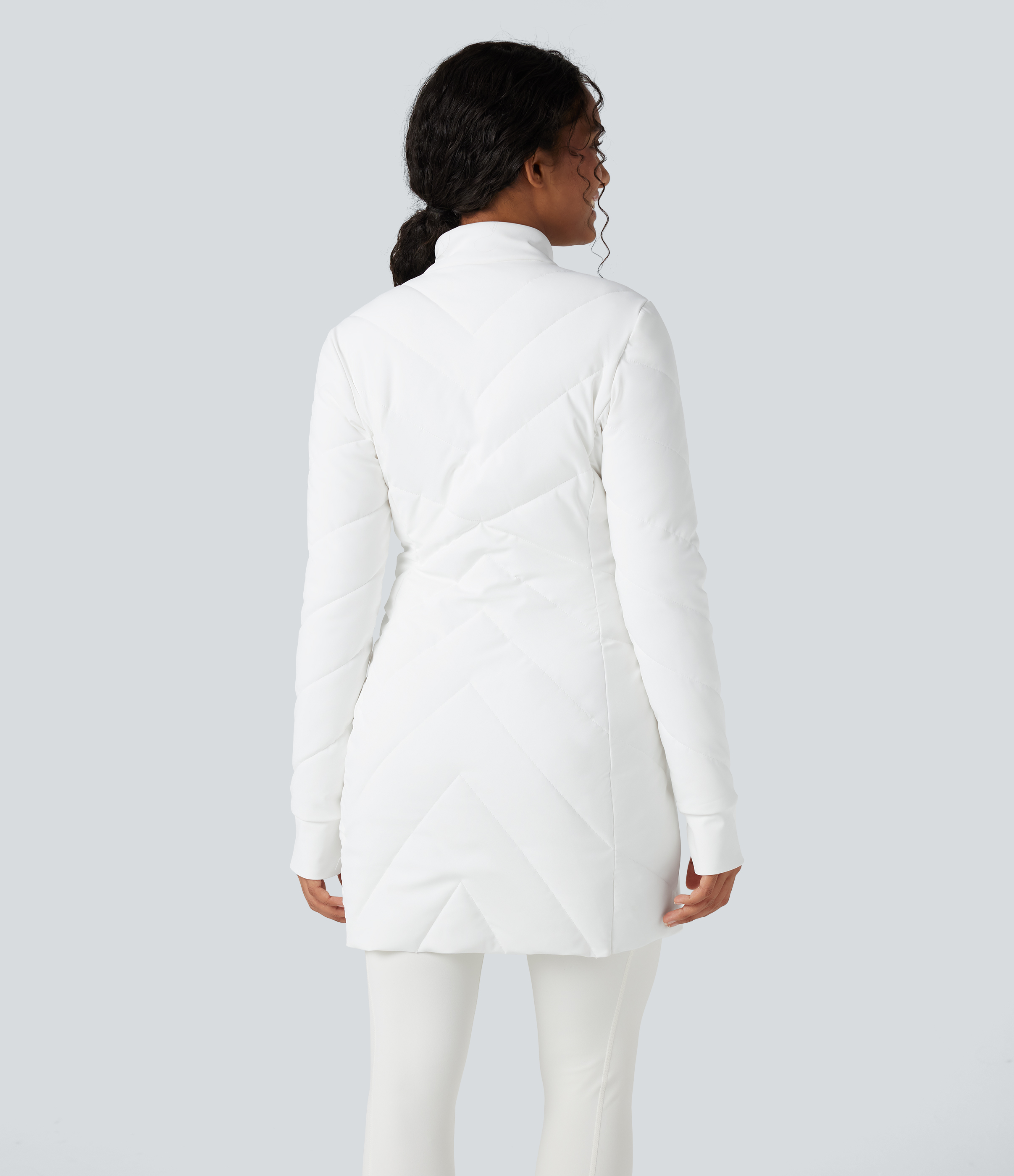 Stand Collar Double Zipper Thumb Holes Casual Stretchy Padded Jacket with Pockets