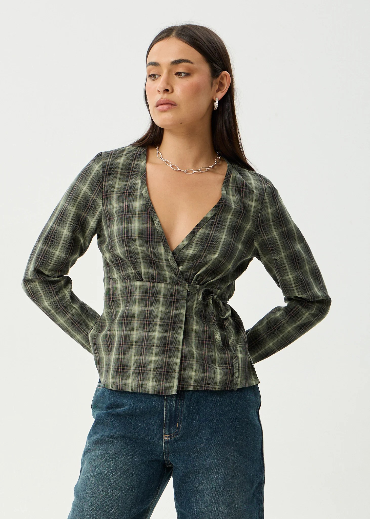 AFENDS Womens Jonah - Long Sleeve Top - Deep Olive Check