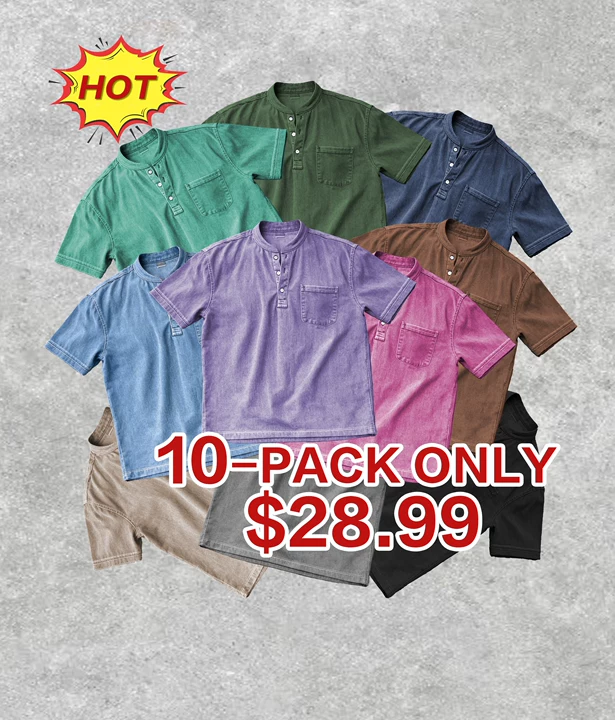 Men's Washed Cotton Short Sleeve Henley T-Shirt