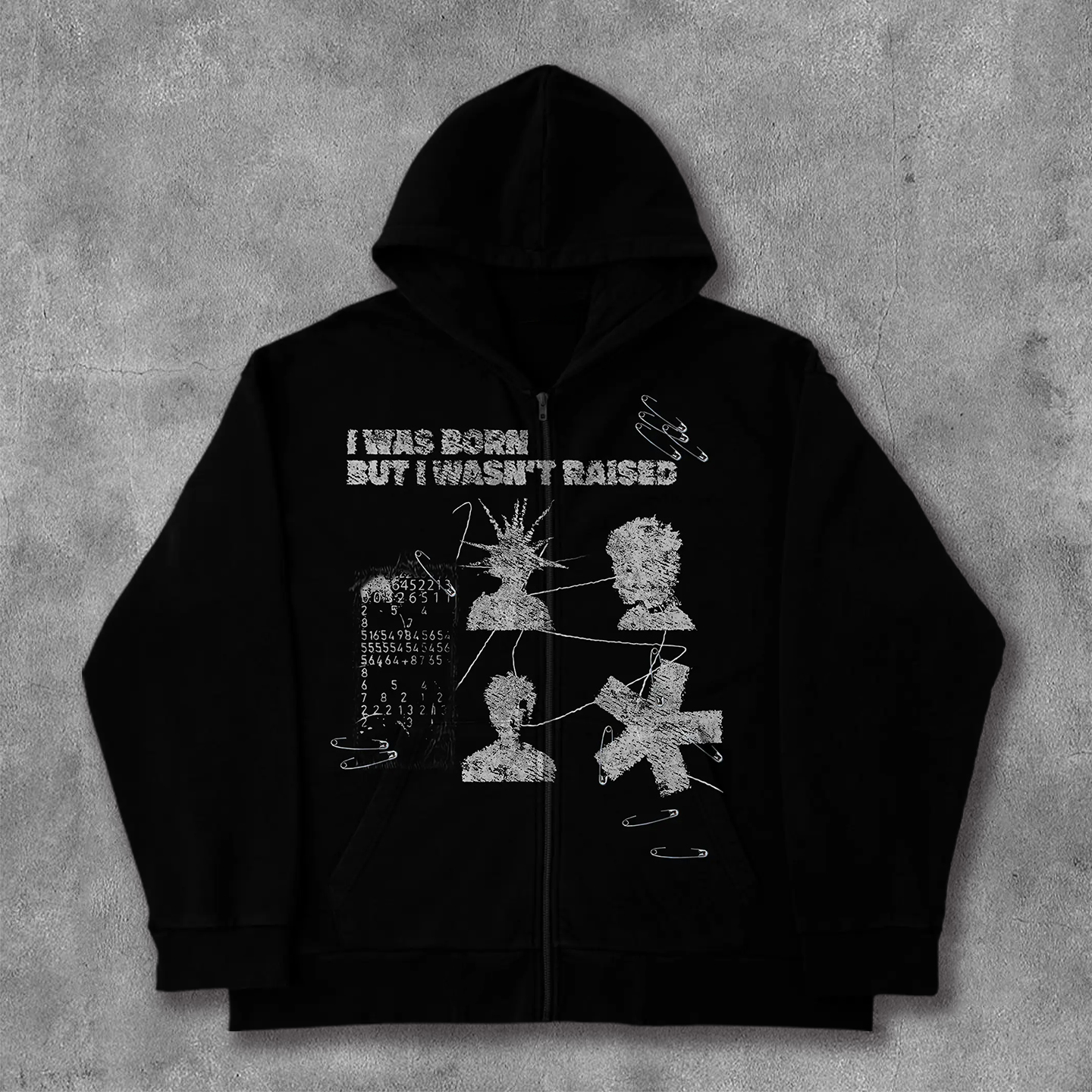 I Was Born Print Long Sleeve Zip Up Hoodies