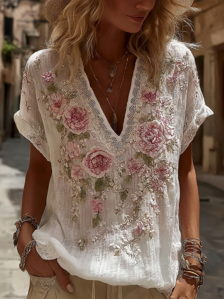 Women's Floral Embroidery Long-sleeved Linen Blend T-shirt