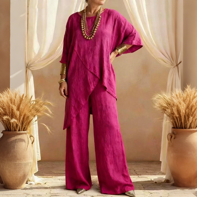 Women's Comfy Linen Blend Flowy Double Layer Design Top And Pants Two-piece Set
