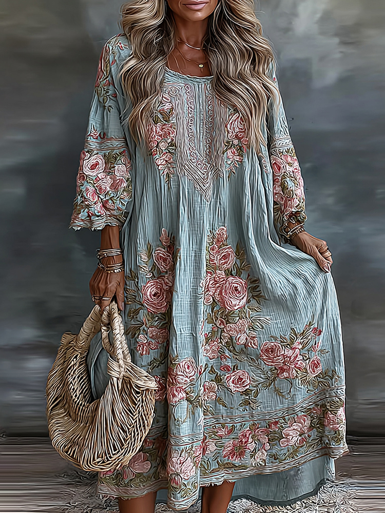 Women's Floral Art Flowy Linen Blend Casual Long Sleeve Maxi Dress