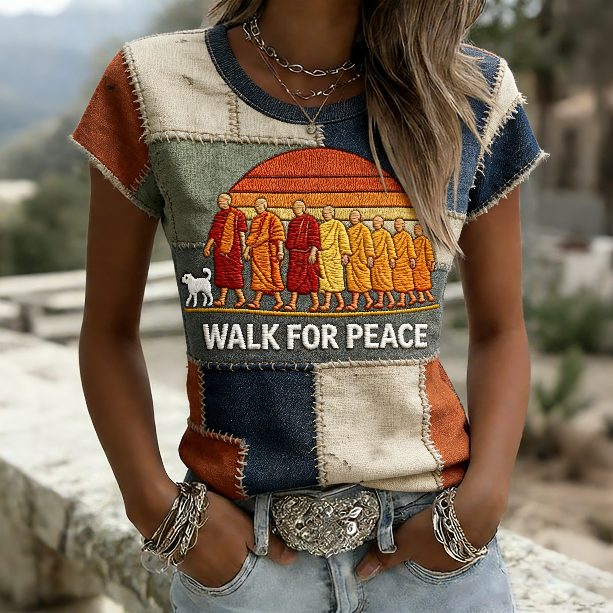 Retro 2026 Walk For Peace Artistic Patchwork Print T-shirt