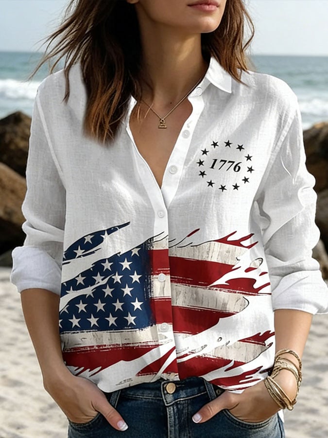 Women's Retro 250th Anniversary Print Casual Collared Shirt