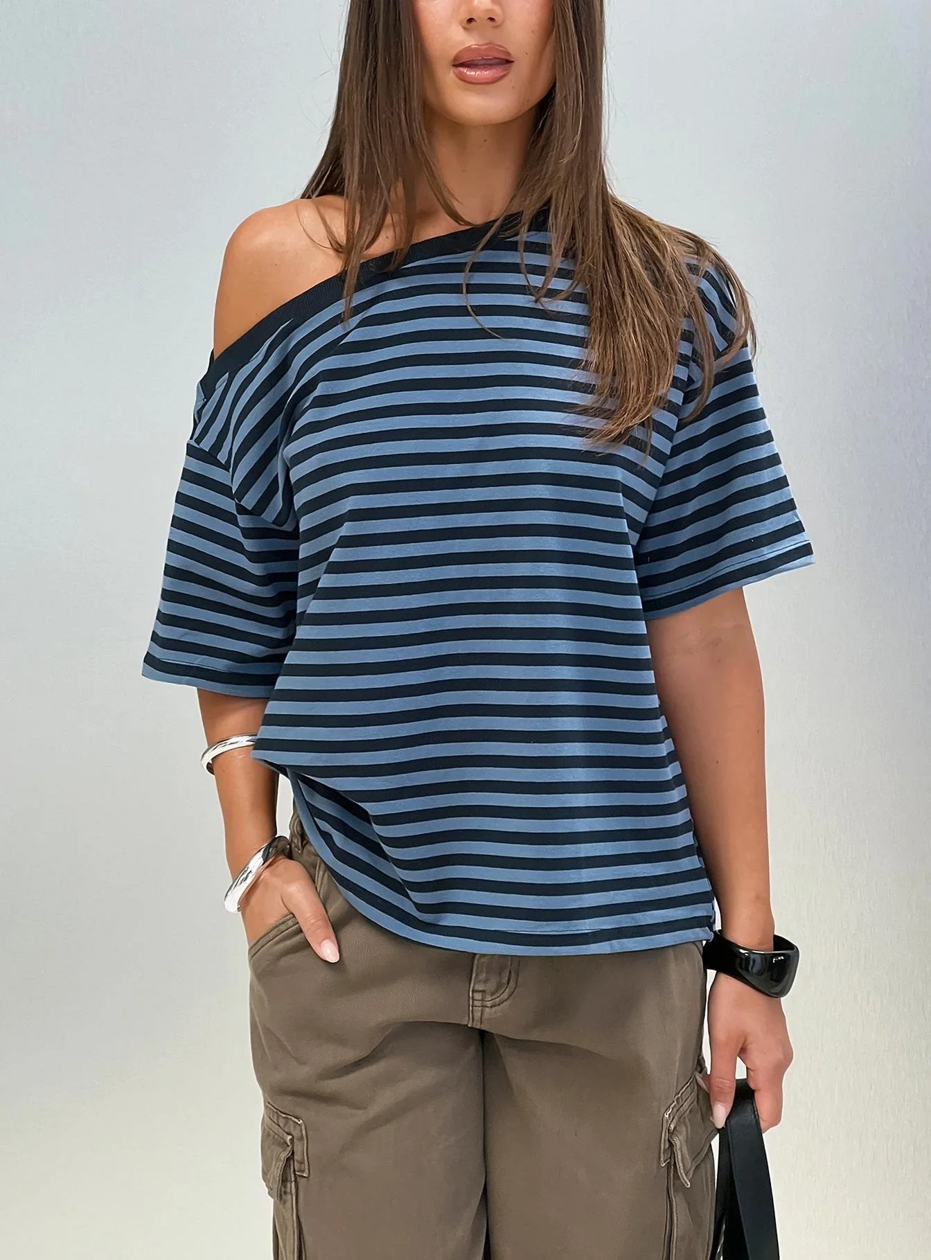 Settle Down One Shoulder Top Blue Stripe