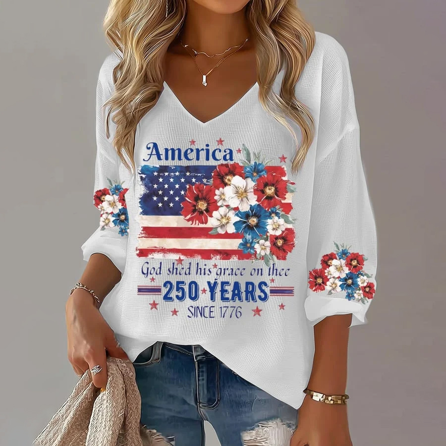 Women's 250th Anniversary National Flag Floral Print Waffle Long Sleeve T-Shirt