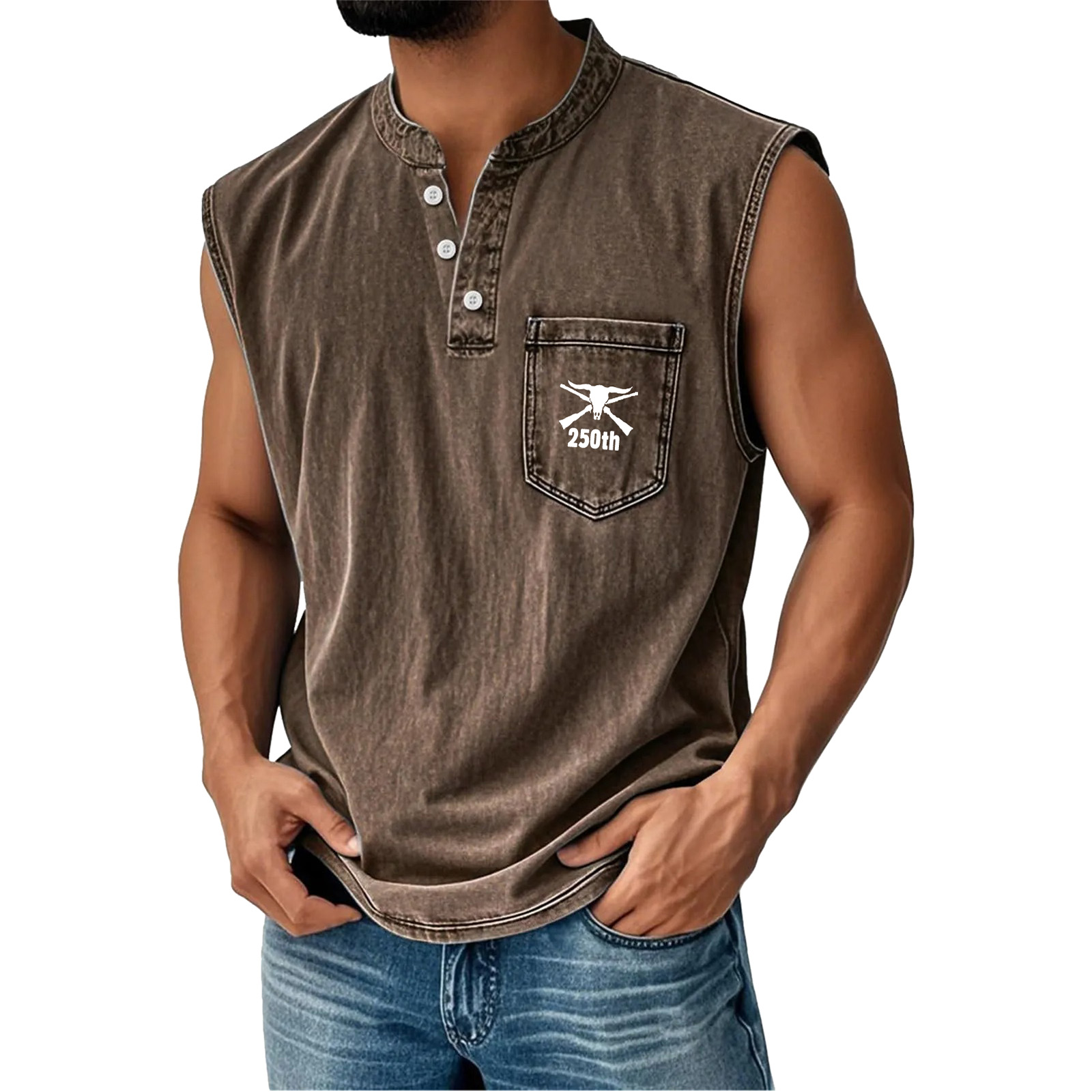 Men's Washed Cotton Sleeveless Henley Vest