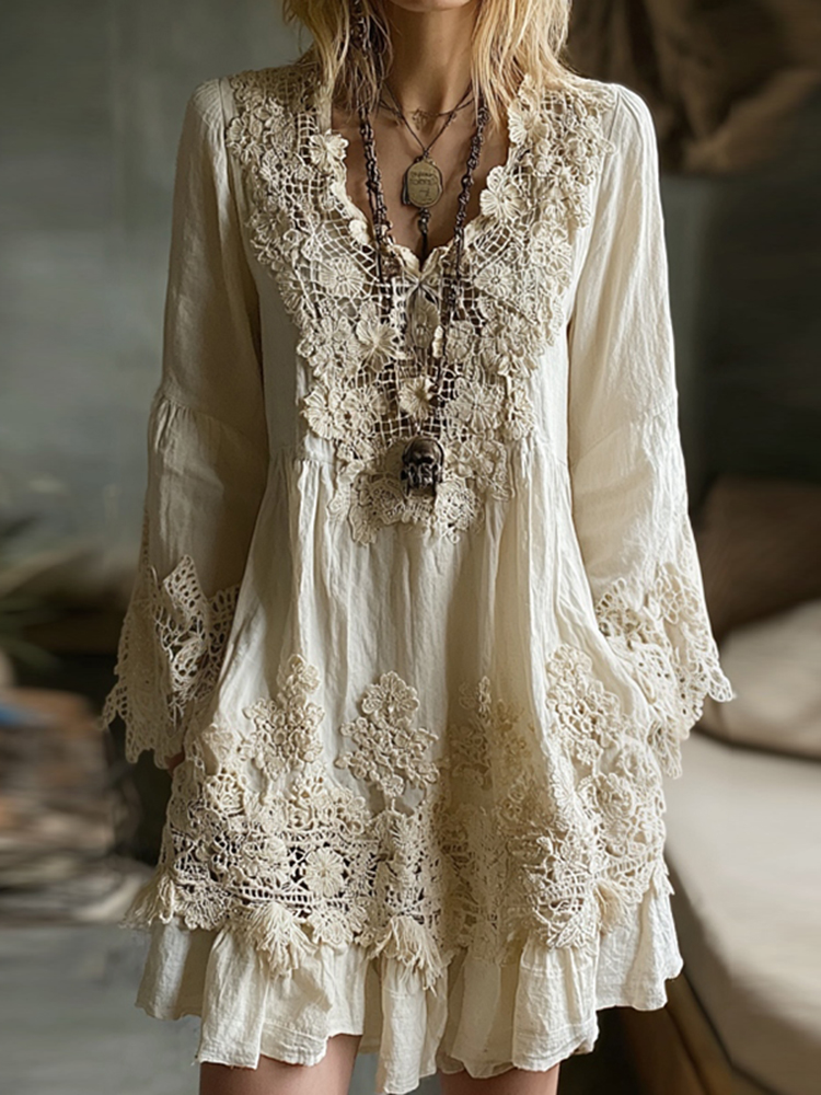 Women's Vintage Lace Floral Art Linen Midi Dress