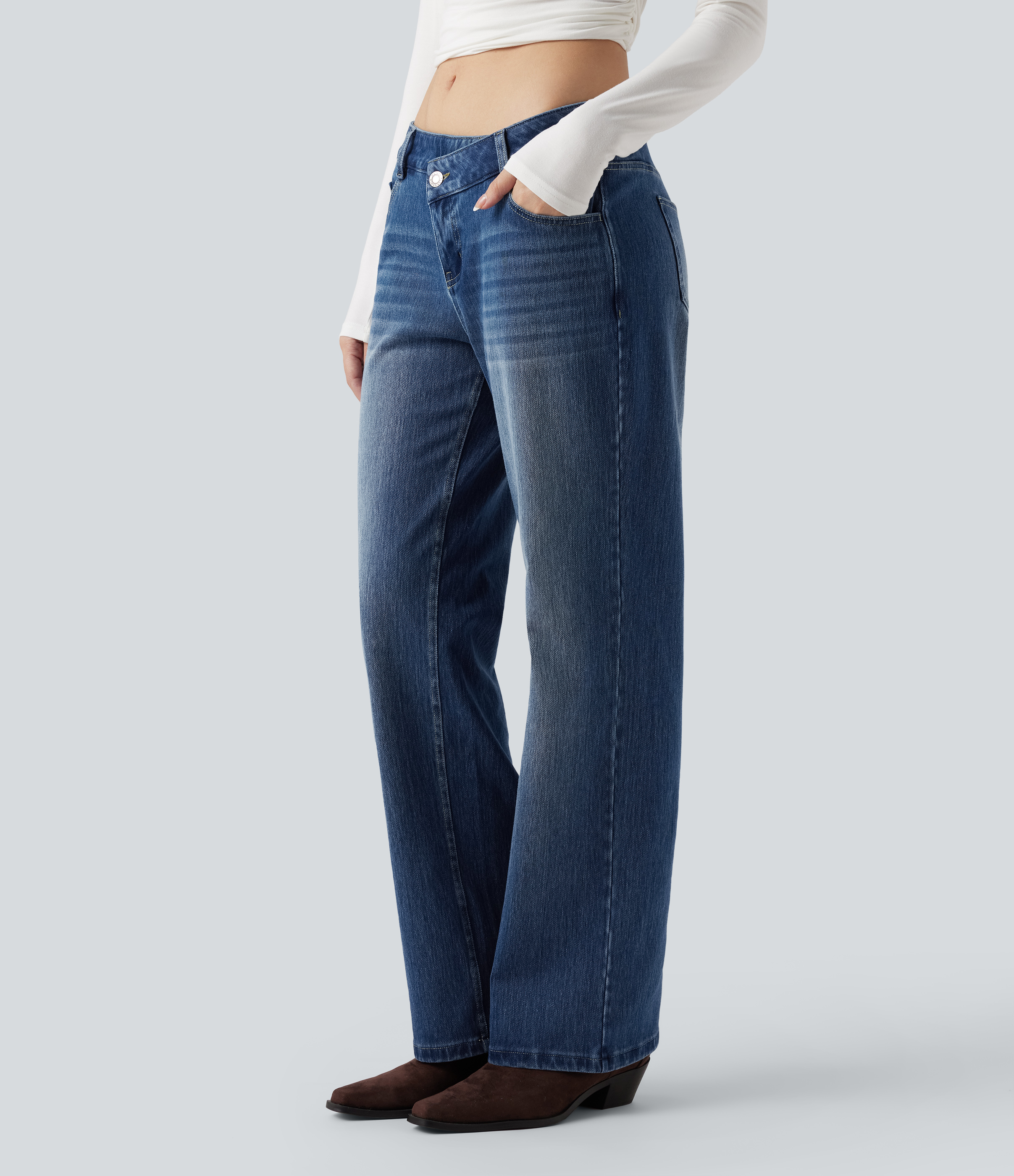 Halara Flex™ Asymmetric Low Rise Straight Leg Casual Jeans with Pockets