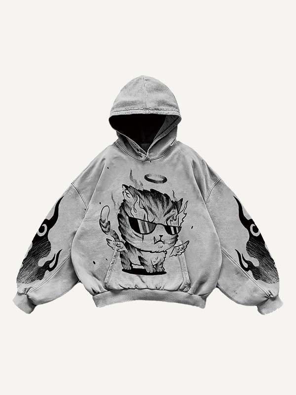 Little Tiger&Wing&Fire Print Slant Pockets Hoodie