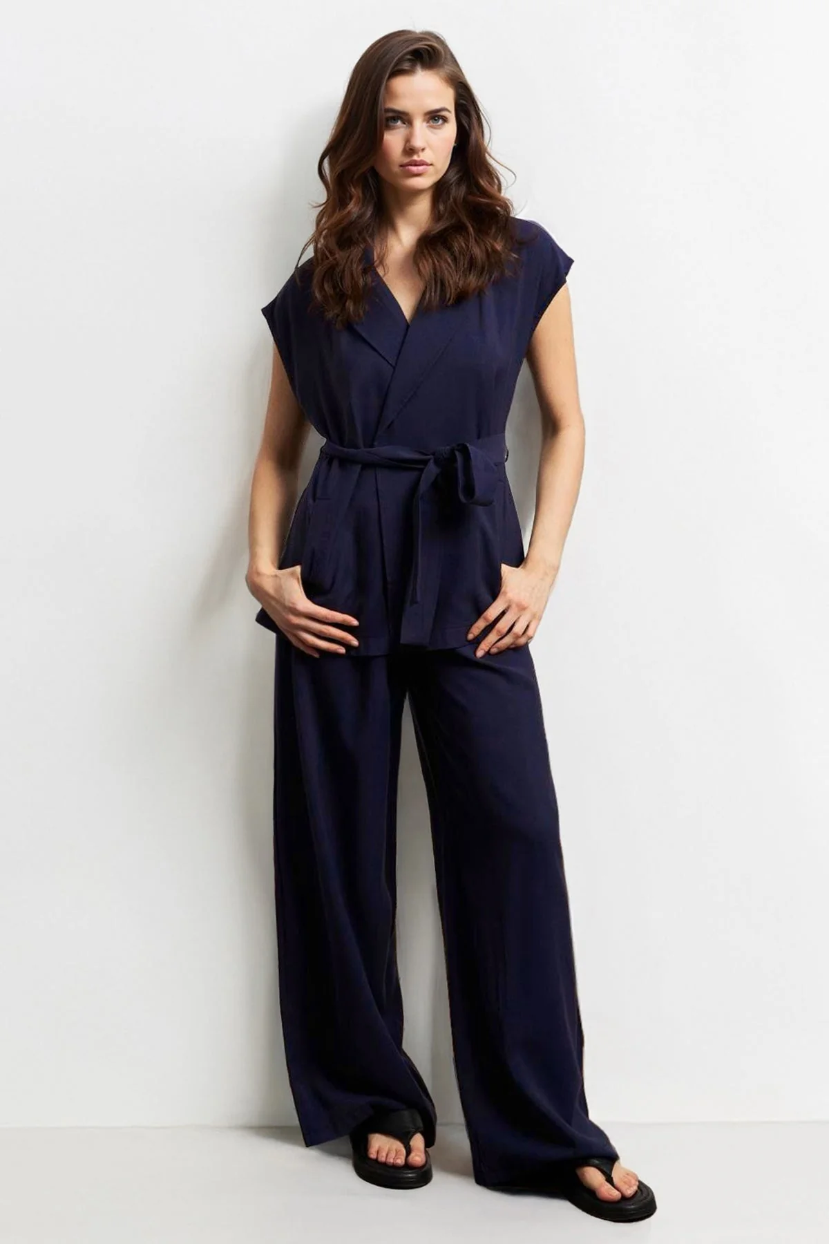 Notch Lapel Cap Sleeve Waist Tie Blazer Top & Wide Leg Trousers Co-ord