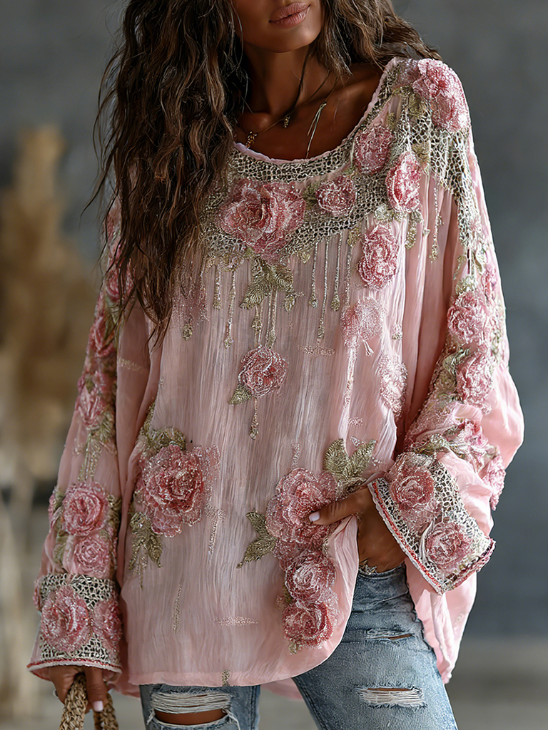 Women's Vintage Floral Embroidered Art Print Flowy Linen Blend Casual Tops