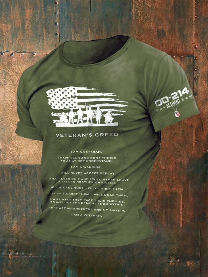 Men's Retro DD-214 Alumni Veteran's Creed I Am A Veteran. I Have Seen And Done Things You May Not Understand. I Am A Warrior. Print T-Shirt