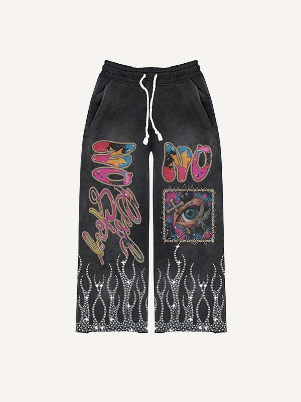 Eye&Cross&Letter&Graphic Faux Rhinestones Print Elastic Waist Pants