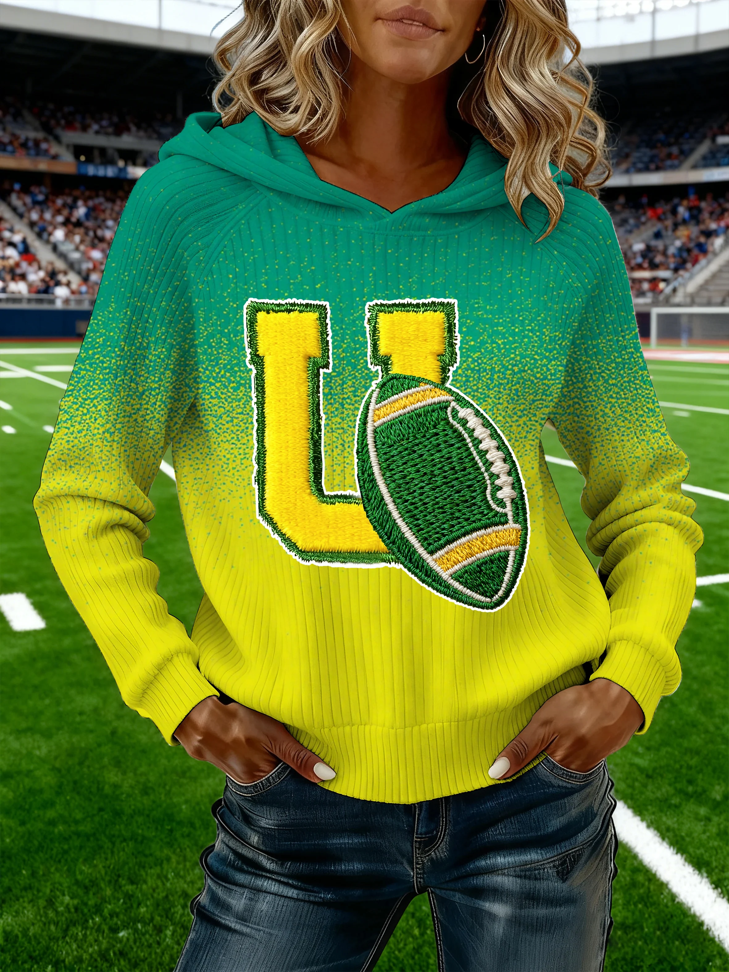 Women's Retro Football Print Ribbed Hoodie