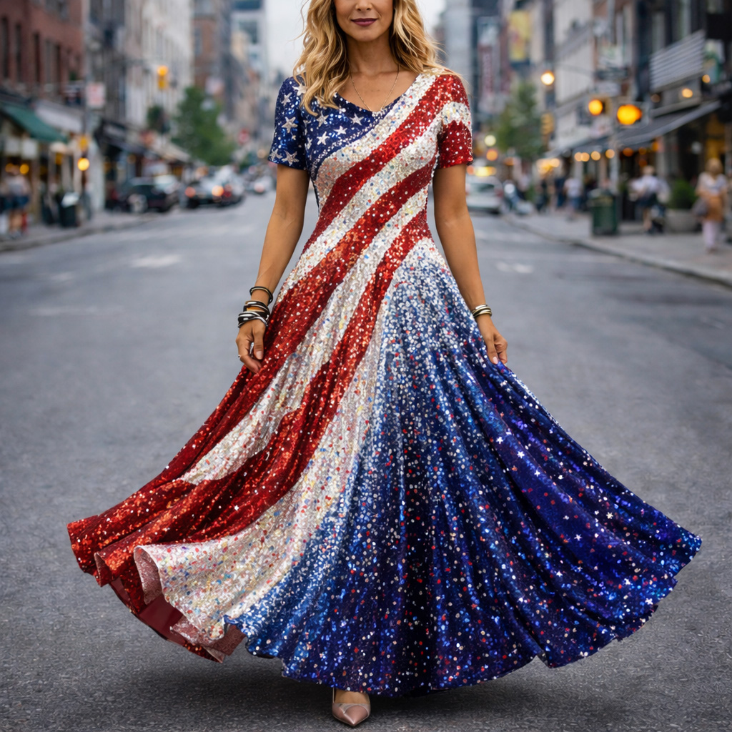 US 250th Anniversary Art Print Short-Sleeve Casual Dress