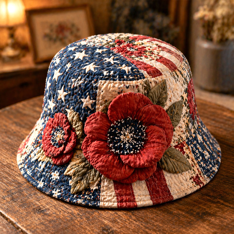 USA Flag Poppy Flower Quilted Bucket Hat