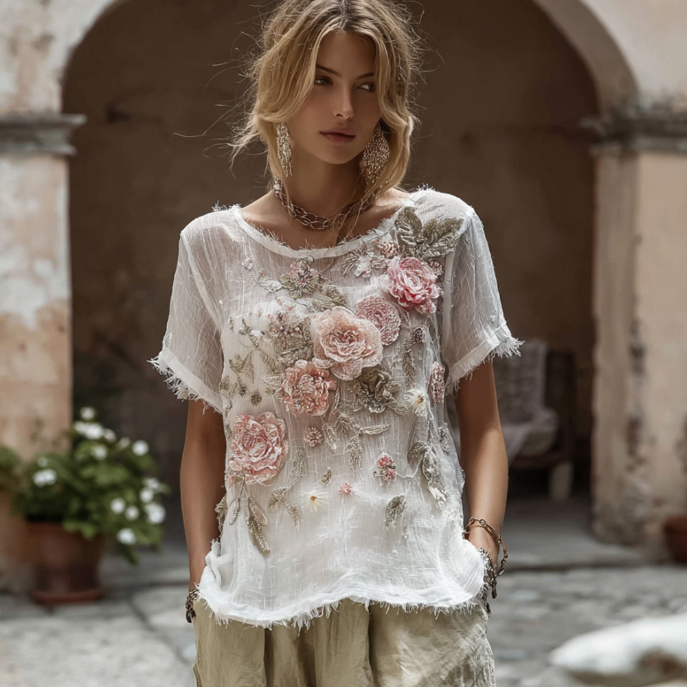 Women's Bohemian Style Rose Sequin Loose Short Sleeve