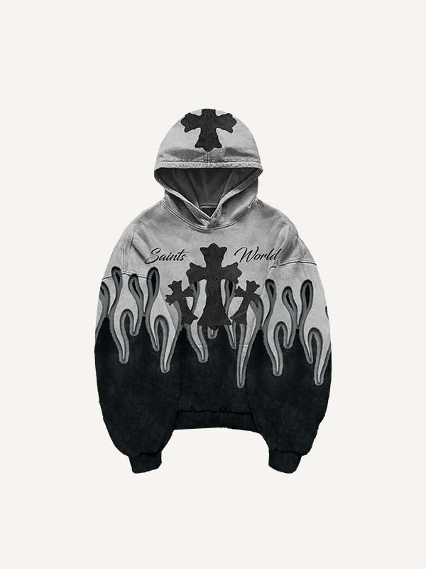 Colorblock Cross&Fire Print Slant Pockets Hoodie