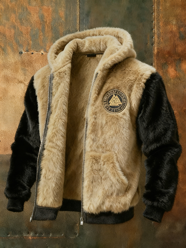 Men's Vintage Viking Symbolic Art Color Blocked Plush Warm Zipped Hooded Jacket