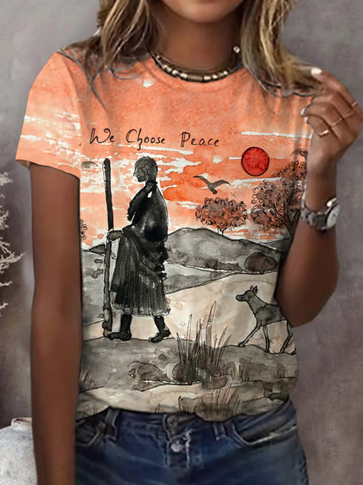 Retro Peace Walking Monks With Aloka Dog Watercolor Painting Print T-shirt