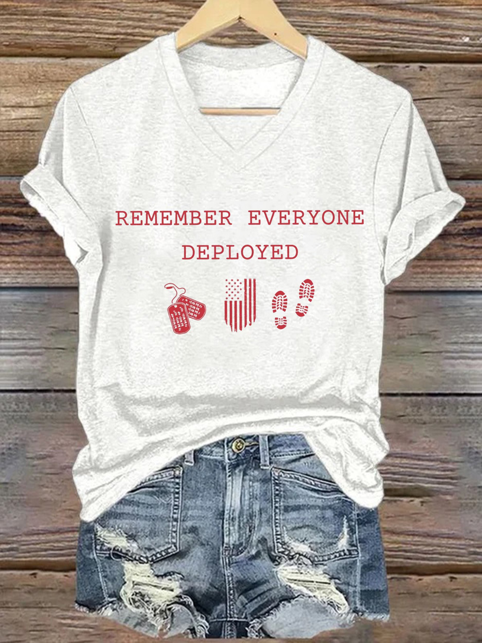 Women's On Fridays We Wear RED Remember Everyone Deployed Print V Neck T-shirt