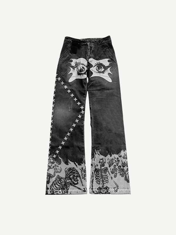 Skeleton&Eye&Fire Faux Decal Print Elastic Waist Pants