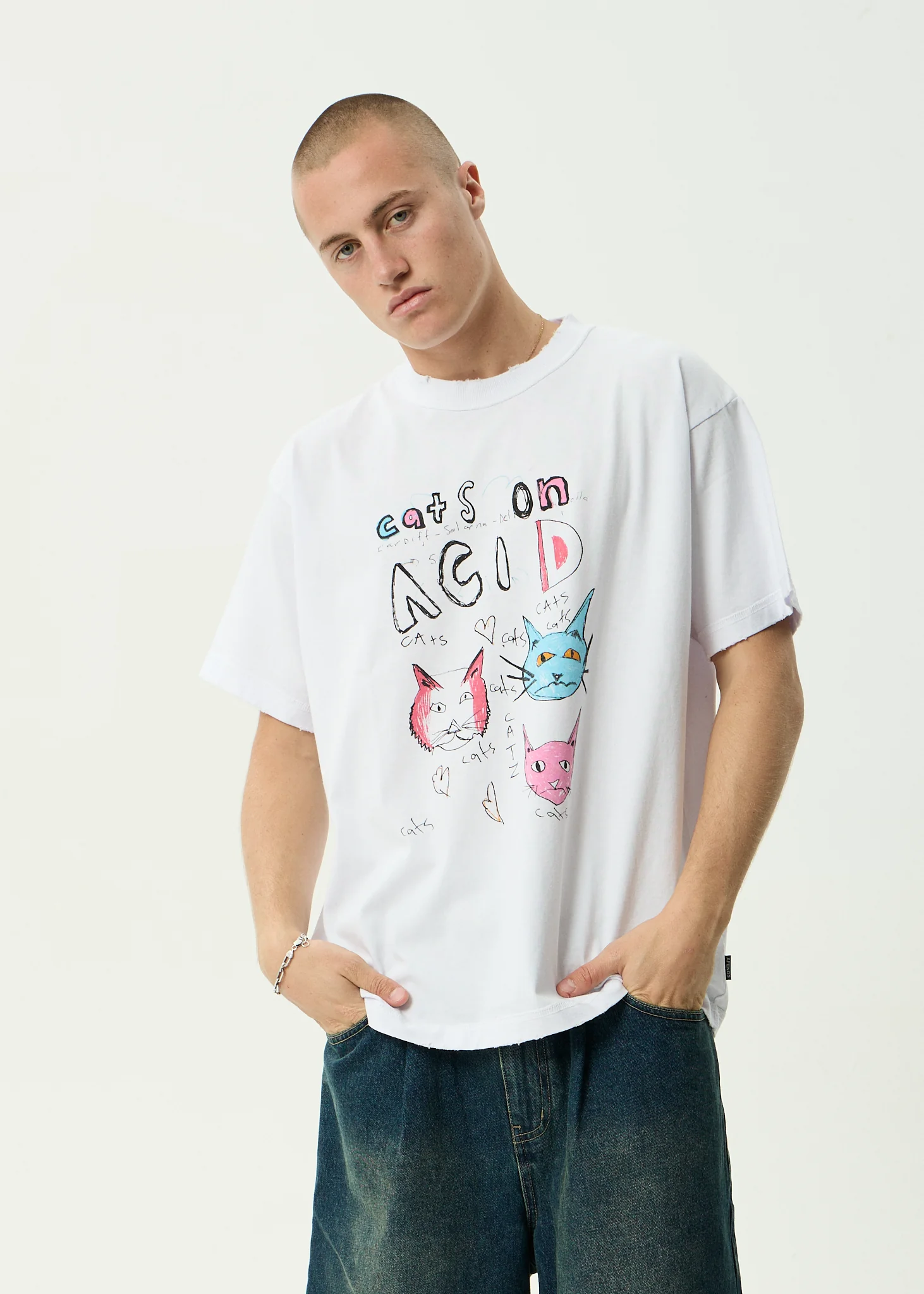 AFENDS Mens Cats On Acid - Heavyweight Boxy Tee - White