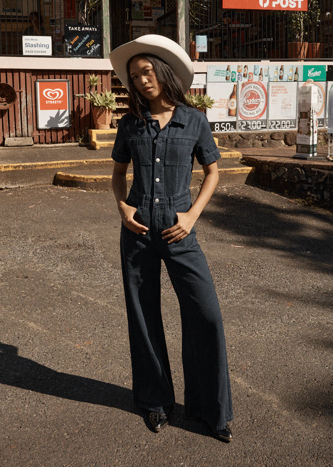 AFENDS Womens Miami - Denim Flared Jumpsuit - Ink