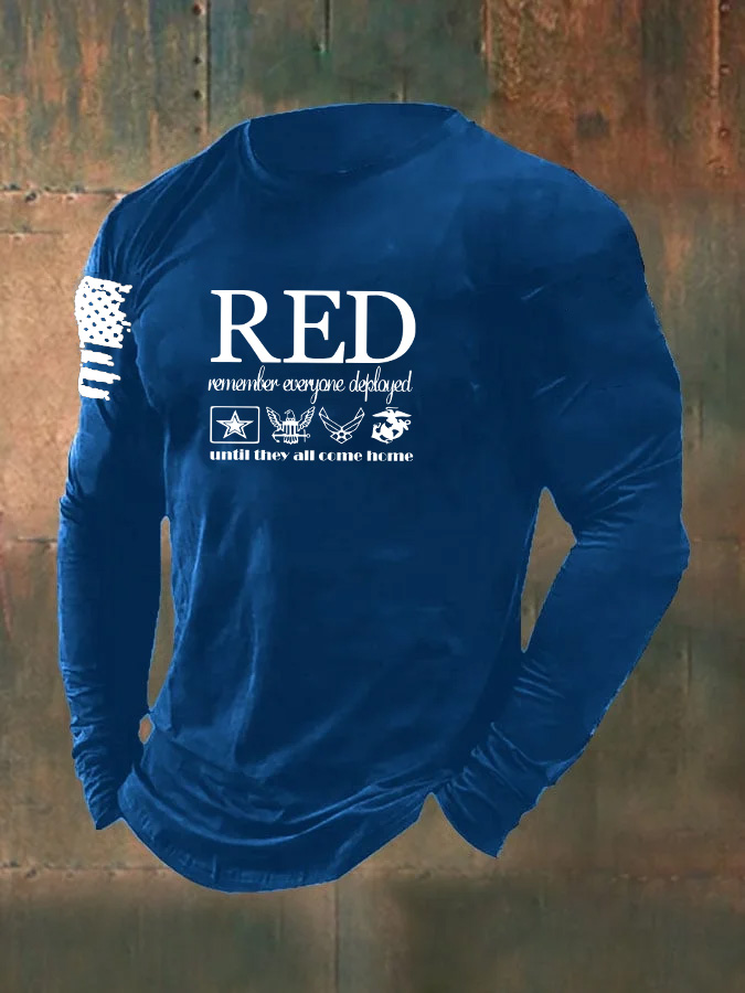 Men'S Red Remember Everyone Deployed Until They All Come Home Pattern Long Sleeve 100% Cotton T-Shirt