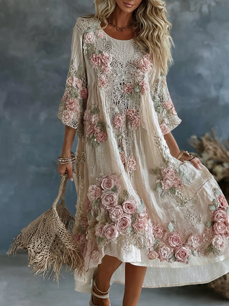 Women's Floral Art Flowy Linen Blend Casual Long Sleeve Maxi Dress