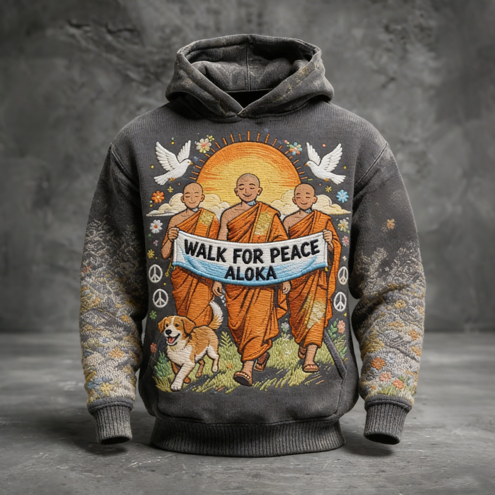 Retro Walk For Peace Monks With Aloka Dog Print Hoodie