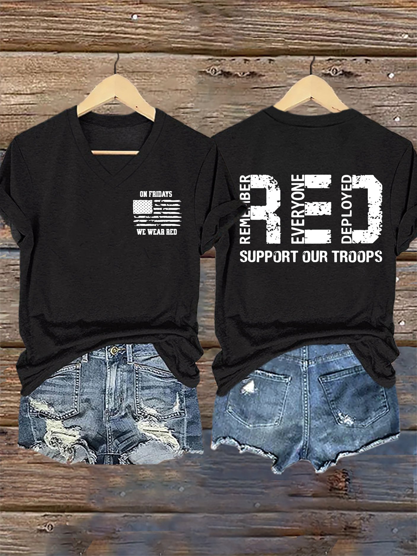 Women's On Fridays We Wear RED Remember Everyone Deployed Print V Neck T-shirt