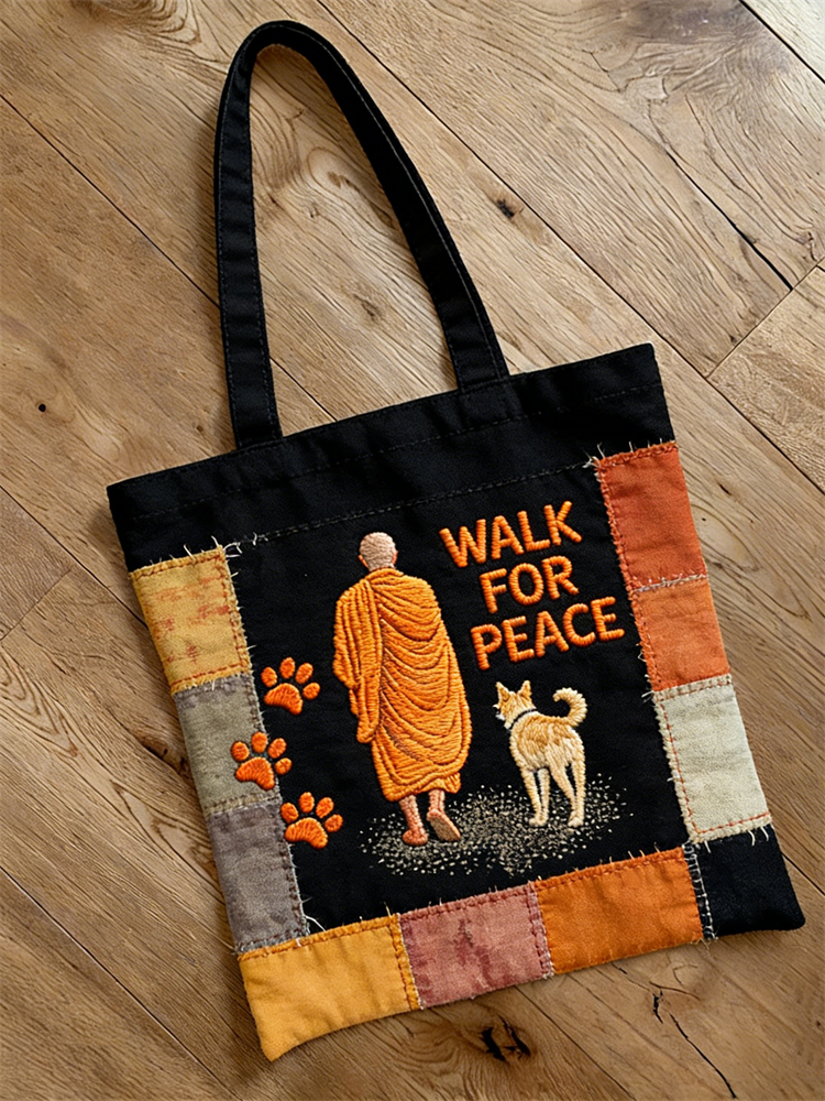 Walk For Peace Aloka & Monk Paw Prints Patchwork Tote Bag