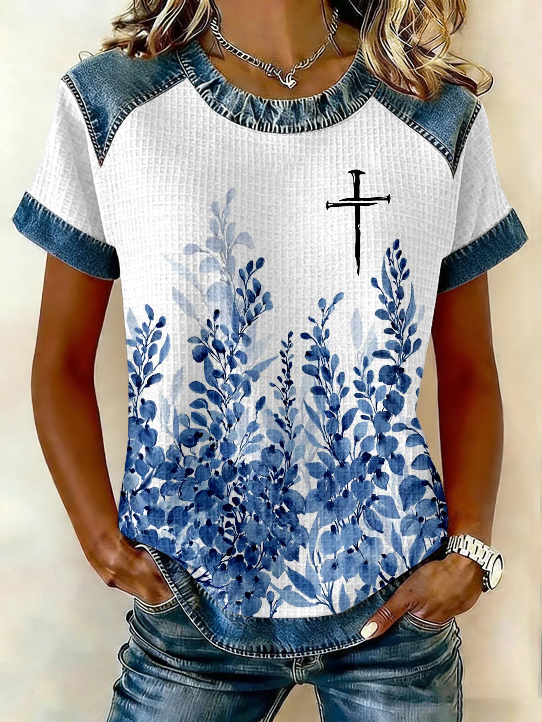 Women's Retro Faith Print Casual Waffle Knit Short-Sleeved T-Shirt-Fast Shipping