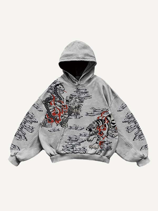 Dragon&Phoenix&Tiger&Snake&Graphic Print Slant Pockets Hoodie