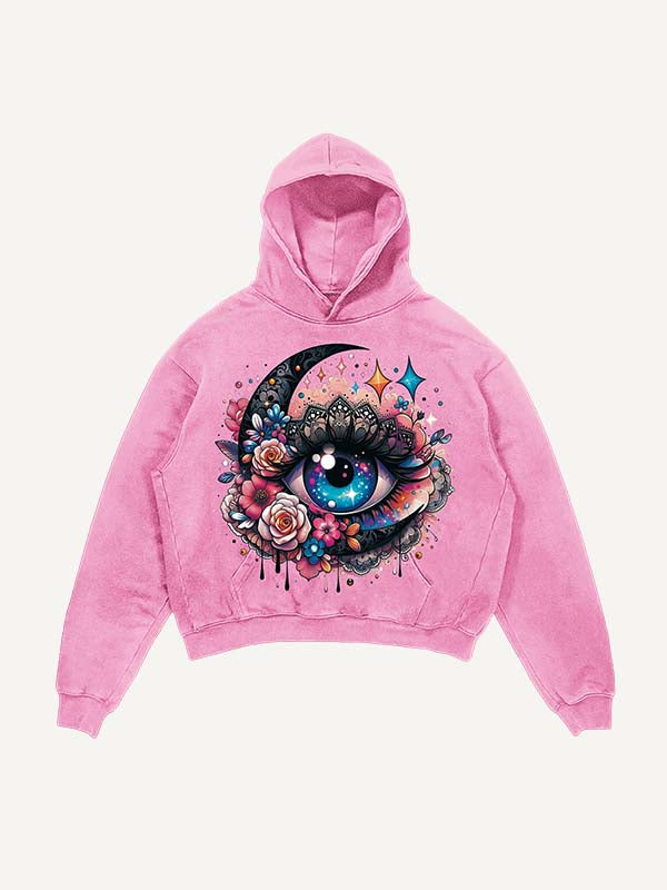 Distressed   Eye&Moon&Floral&Graphic Print Slant Pockets Hoodie