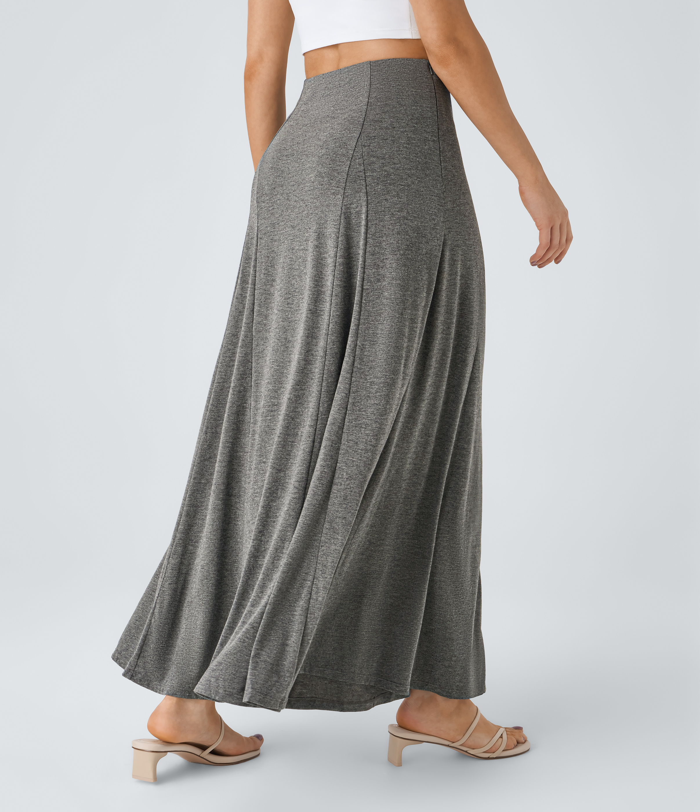 High Waisted Side Zipper Maxi Casual Flare Skirt